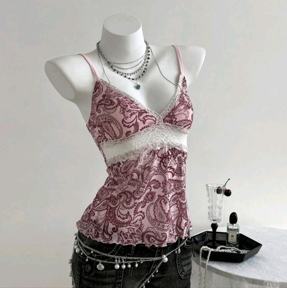 Lace Trim Camisole Top - Pink